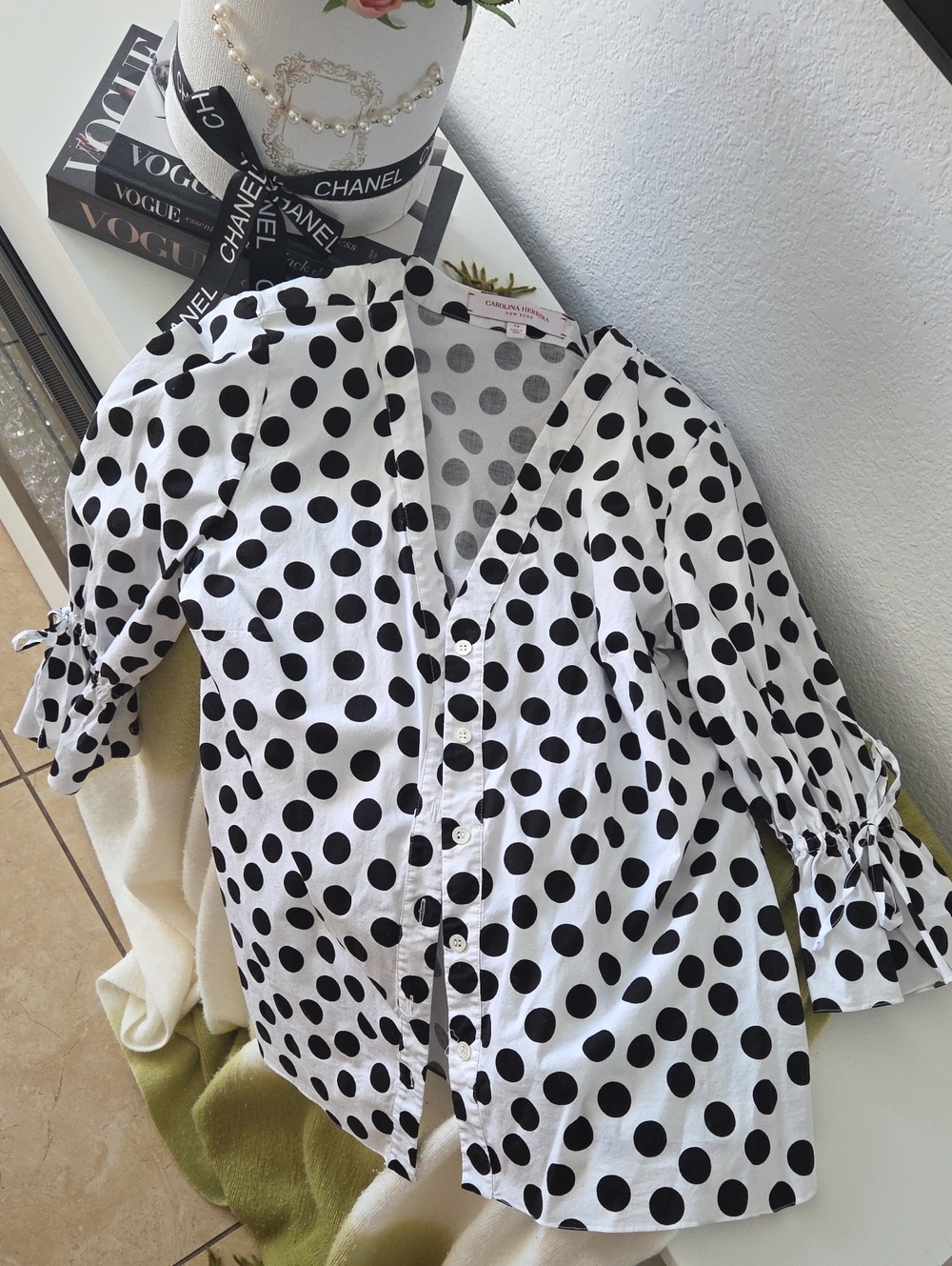 Carolina Herrera Black and White Polka Dot Blouse